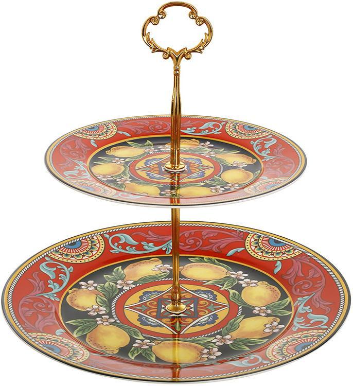 Фуршетна стійка Sicilia "Ornamento" (Орнамент) Ø27см greenpharm і Ø19см greenpharm, порцелянова 2-х ярусна фруктівниця, фото 1