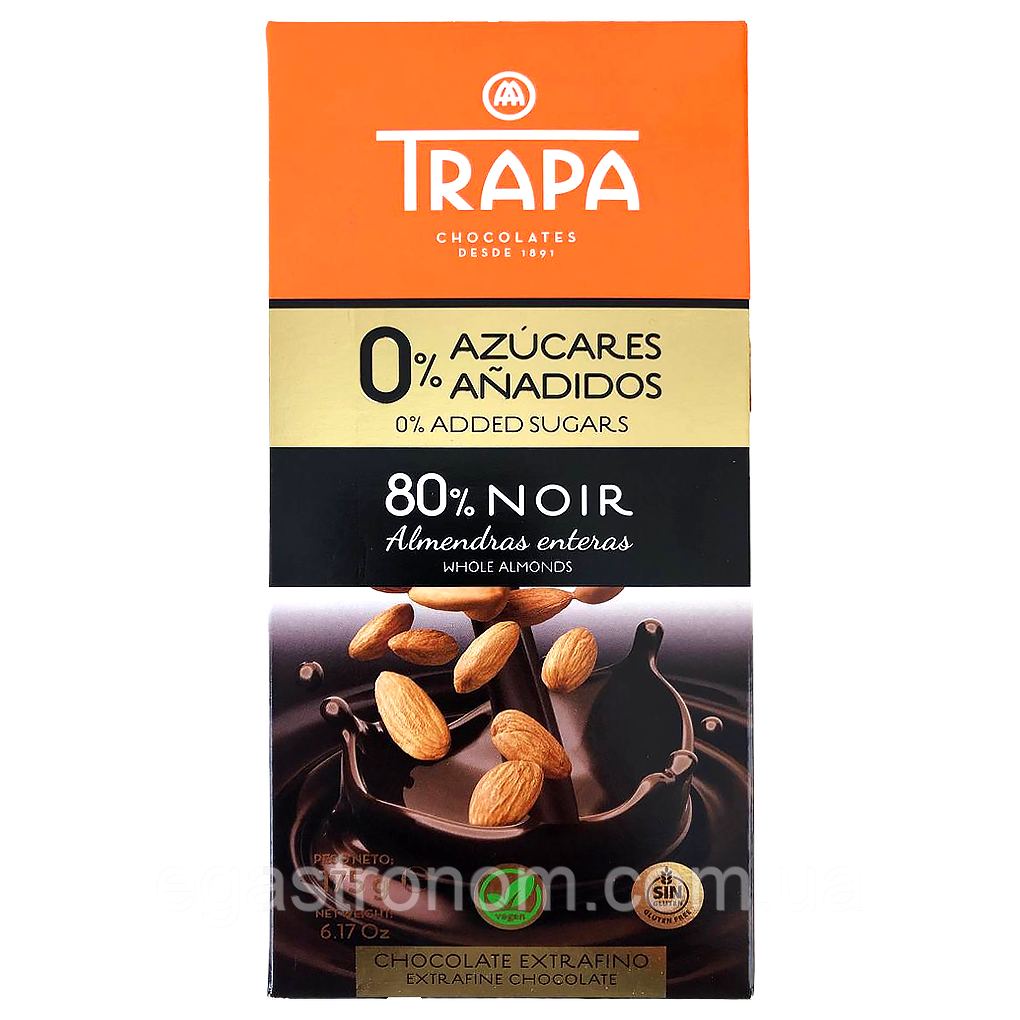 Шоколад чорний 80% з мигдалем (без цукру та глютену) Трапа Trapa 175g 12шт/ящ (Код: 00-00017582)