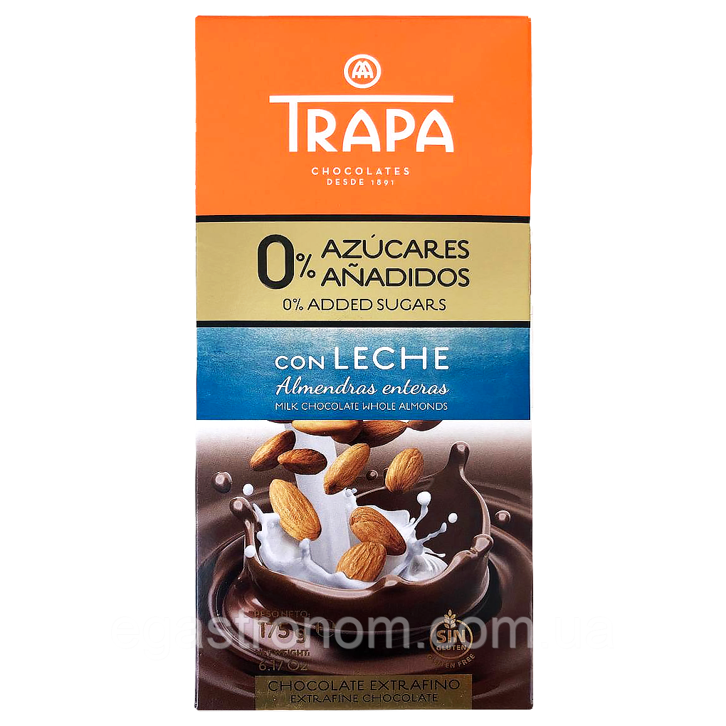 Шоколад молочний з мигдалем (без цукру та глютену) Трапа Trapa 175g 12шт/ящ (Код: 00-00017583)