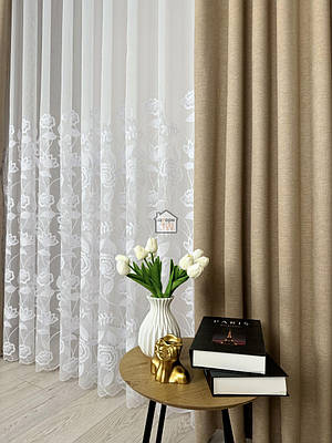 Тканина тюлева з вишитими квітами на бамбуковій основі лт47, білий