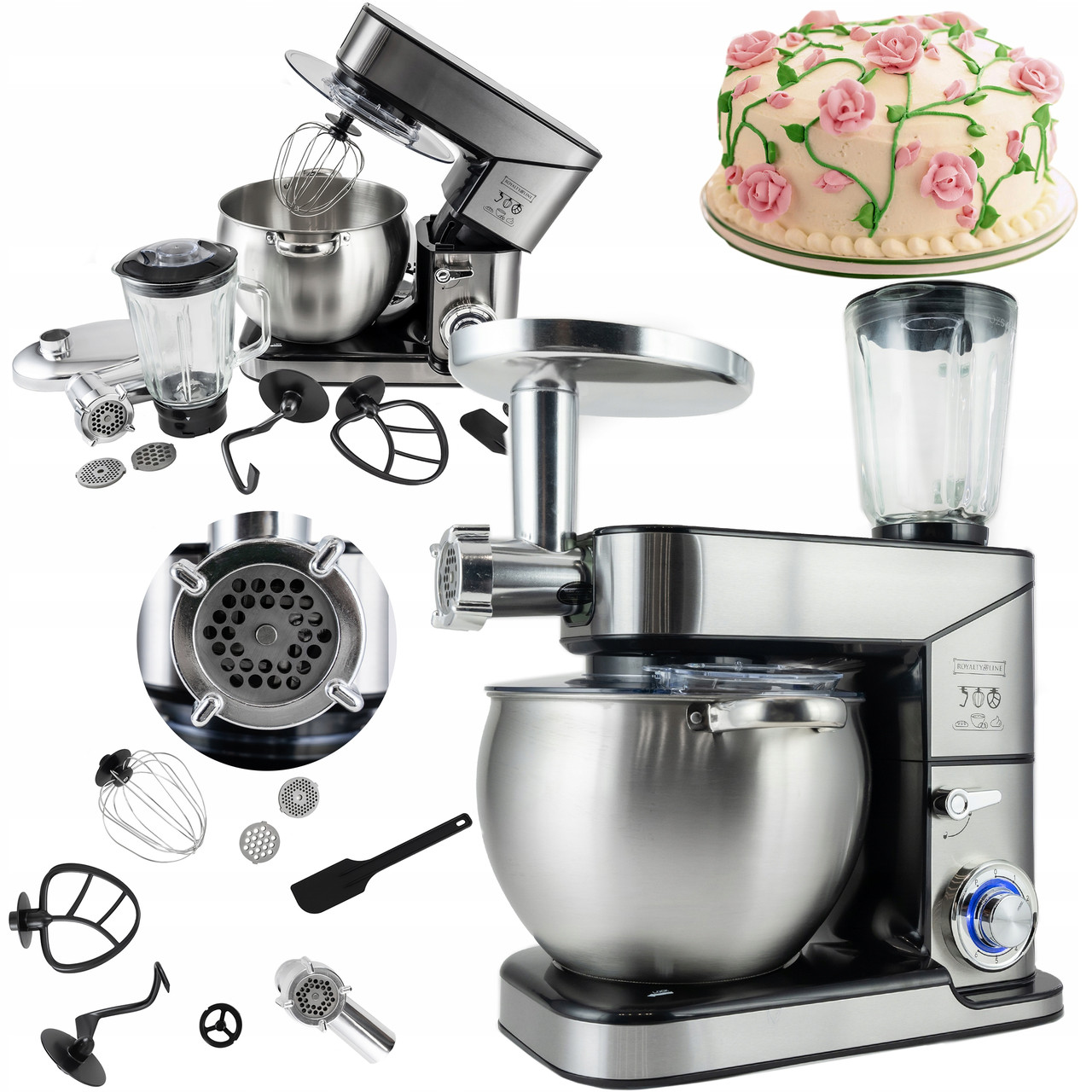Кухонный комбайн Royalty Line RL-PKM-2800.472.1 BG Silver — 2800 Вт, 12 л, 3 в 1: миксер, мясорубка, блендер