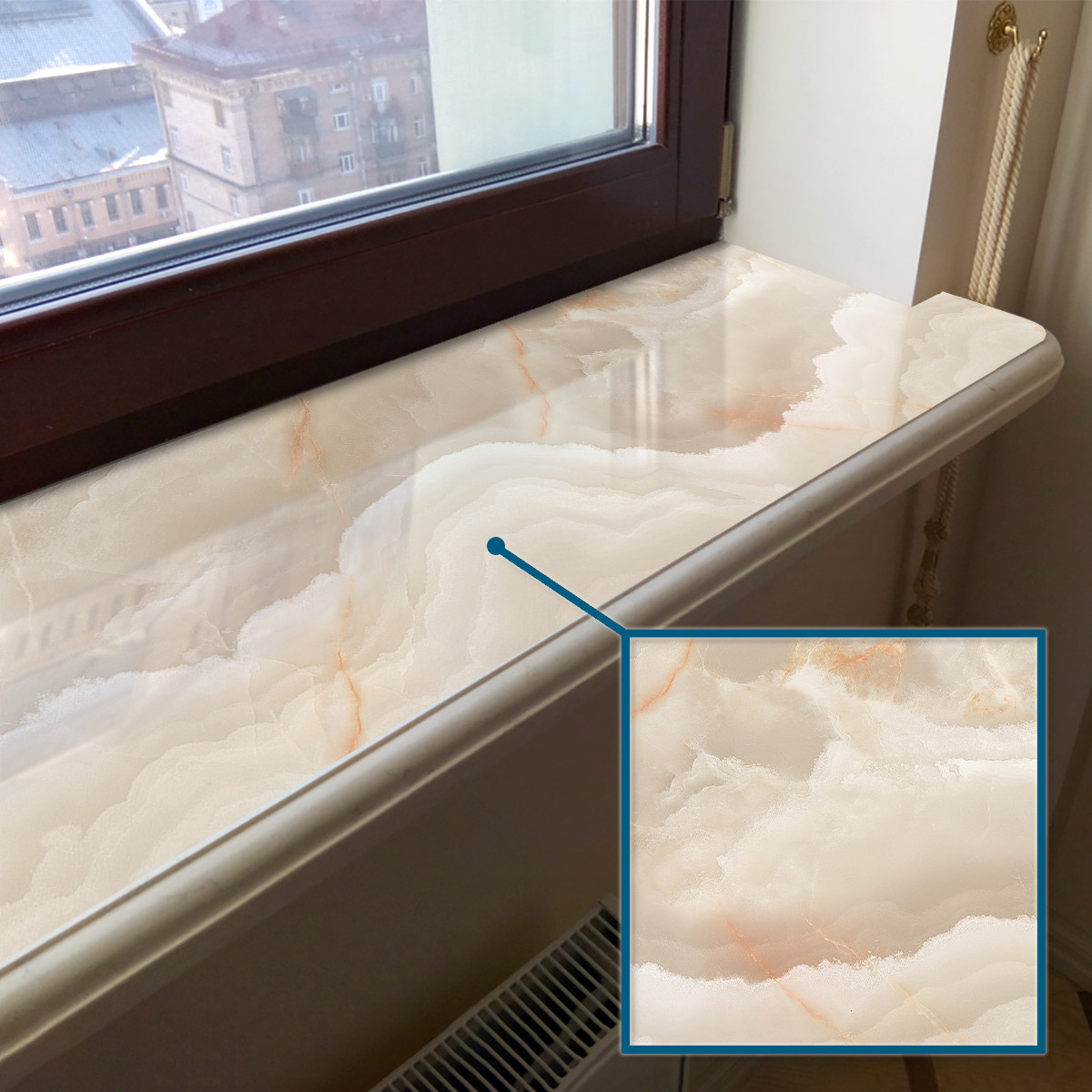 Покриття для підвіконня, м'яке скло з фотодруком, бежевий мармур, 35 х 100 см