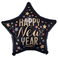 НР025 Зірка 18" ANAGRAM-АН Happy New Year - різнокольорові зірки на чорному (УП)