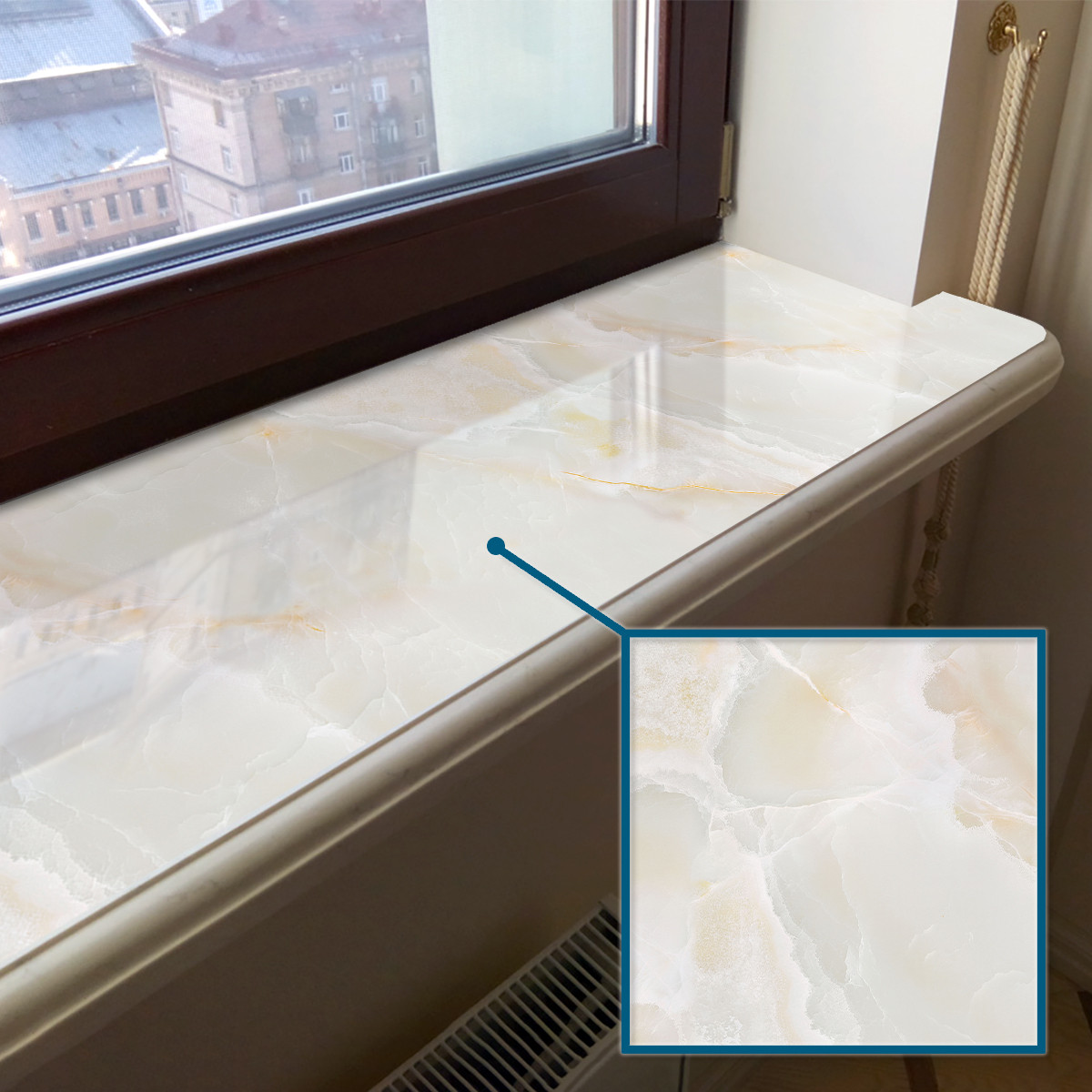 Покриття для підвіконня, м'яке скло з фотодруком сіро-бежевий мармур, 35 х 160 см, фото 1