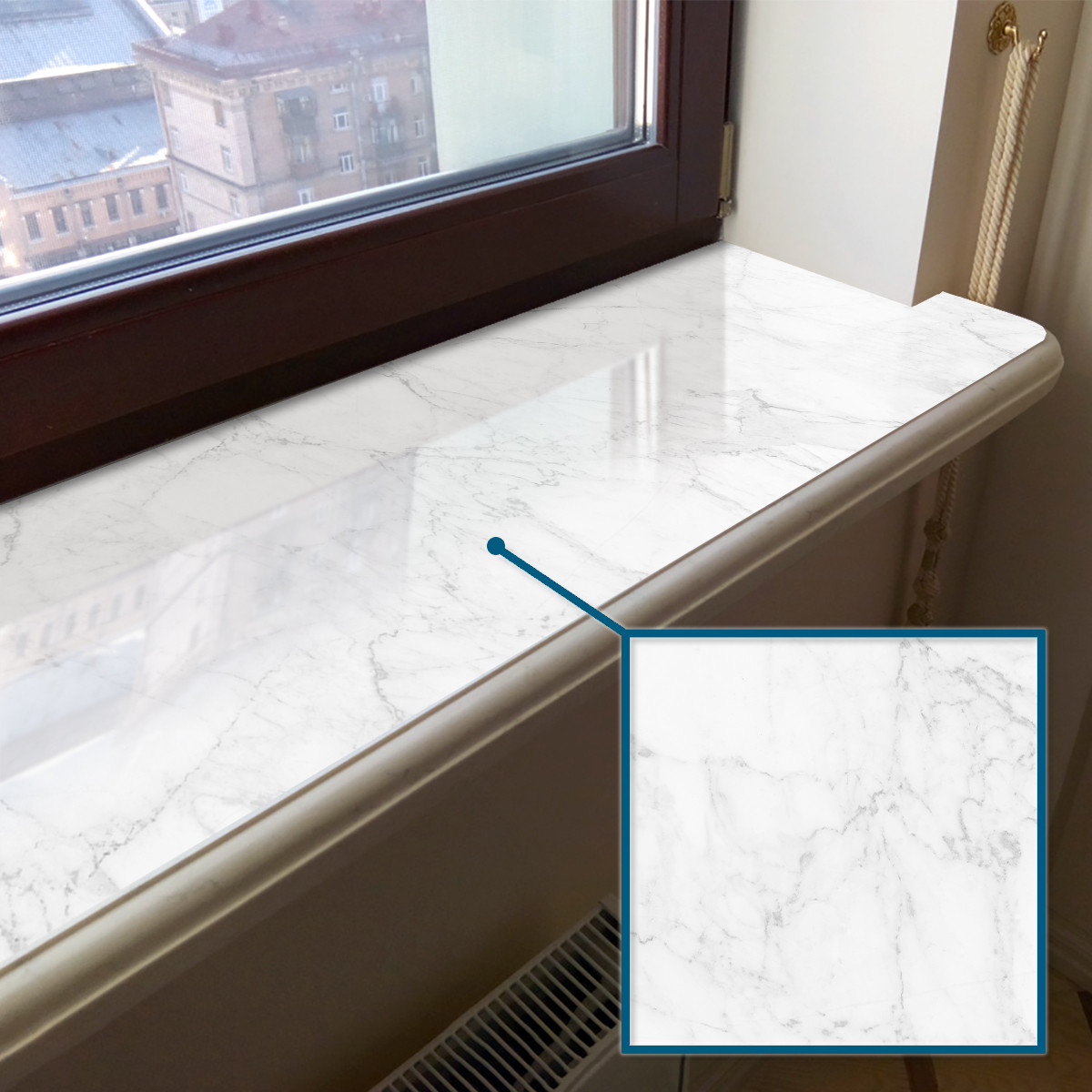 Покриття для підвіконня, м'яке скло з фотодруком біло-сірий мармур, 45 х 160 см, фото 1