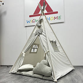 Дитячий Вігвам «Молочно-оливковий», Повний комплект, В подарунок 🎁 підвіска та пірʼя на палки