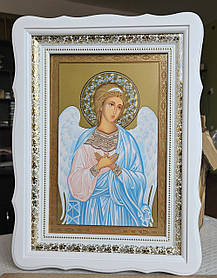 Ікона Ангел Хранитель у білому дерев'яному фігурному кіоті під склом, розмір кіота 39*29, сюжет 20×30.