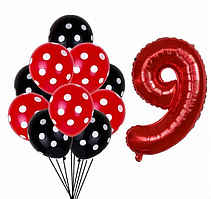 Кульки Леді Баг та шар цифра 9 11 штук 32 дюйма червоно-чорний