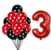 Кульки Леді Баг та шар цифра 3 11 штук 32 дюйма червоно-чорний