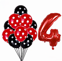 Кульки Леді Баг та шар цифра 4 11 штук 32 дюйма червоно-чорний