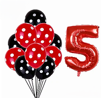 Кульки Леді Баг та шар цифра 5 11 штук 32 дюйма червоно-чорний