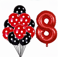 Кульки Леді Баг та шар цифра 8 11 штук 32 дюйма червоно-чорний