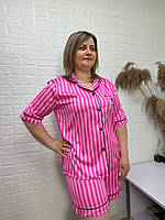 Ніжна жіноча шовкова пижама рубашка шорти батальних розмірів у полоску