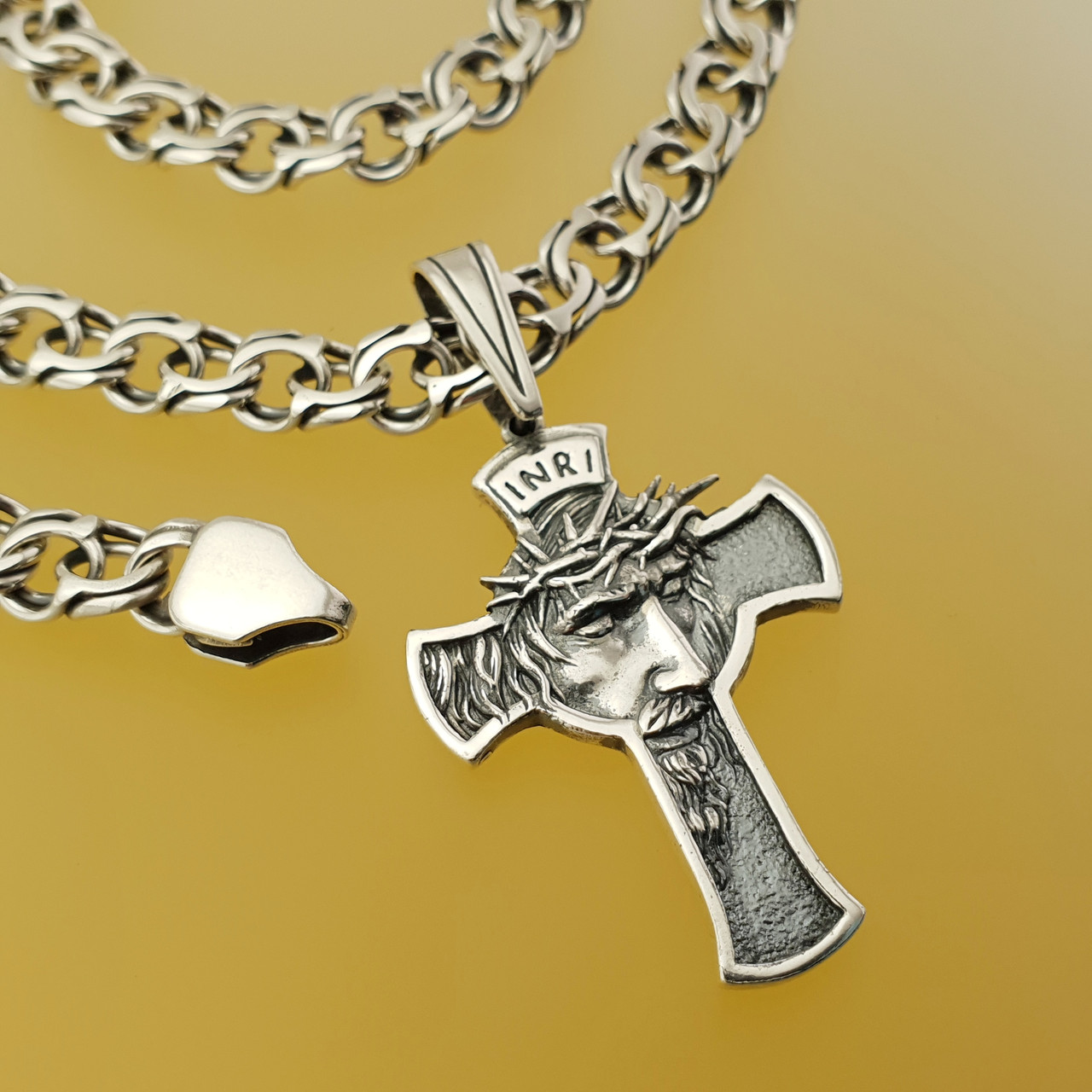 Товста чоловіча срібна цепочка бісмарк і освячений хрестик Ісус Христос. Довжина 55 см, фото 1