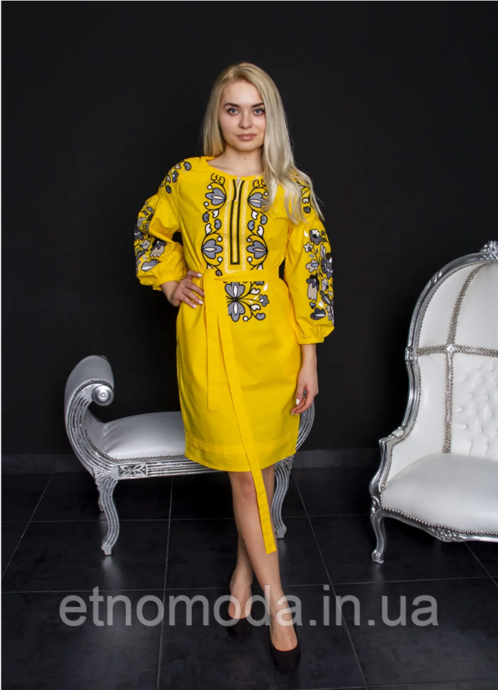 Плаття-вишиванка S,M,L сукня (льон, бавовна, віскоза) Меланія жовта