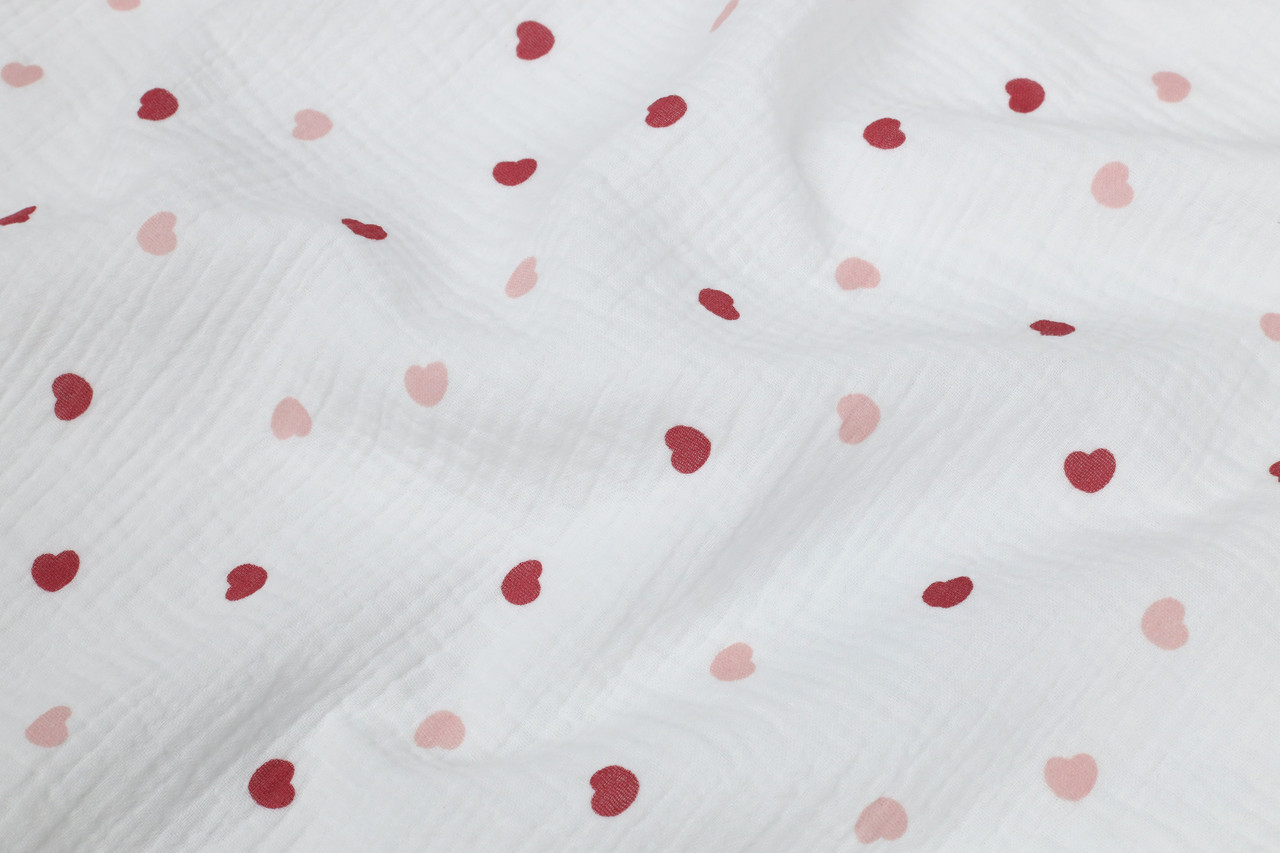 Муслін жатка Сердечка вишневі, пудрові на білому 135 см