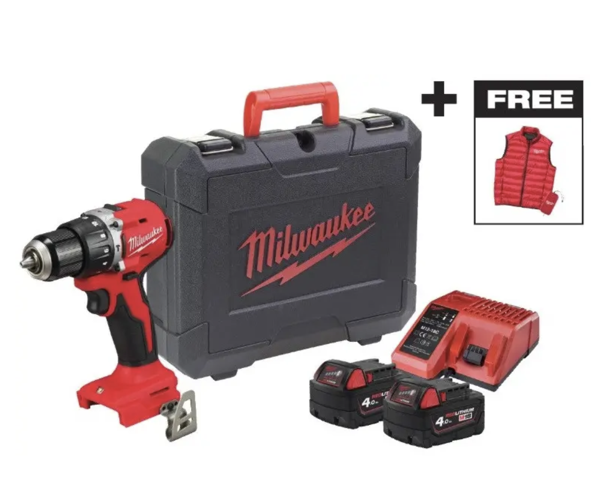 Дриль-шурупокрут з ударом акумуляторний М18 BLPDRC-402С, крутний момент 60Нм (+ заряд.пристрій, 2 акум., HD кейс) + жилетка