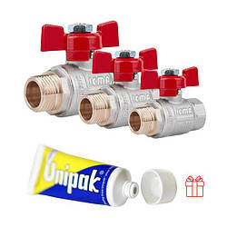 Акційний набір Icma: Крани шарові 3 шт 1/2" + 2 шт 3/4" + 1шт 1" + 1 шт Паста Unigum у подарунок
