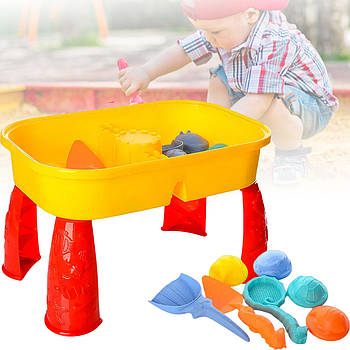 Столик-пісочниця 42x26x28 см з 2 лопатками, ситом і 4 формочками 609 Столик-пісочниця на ніжках