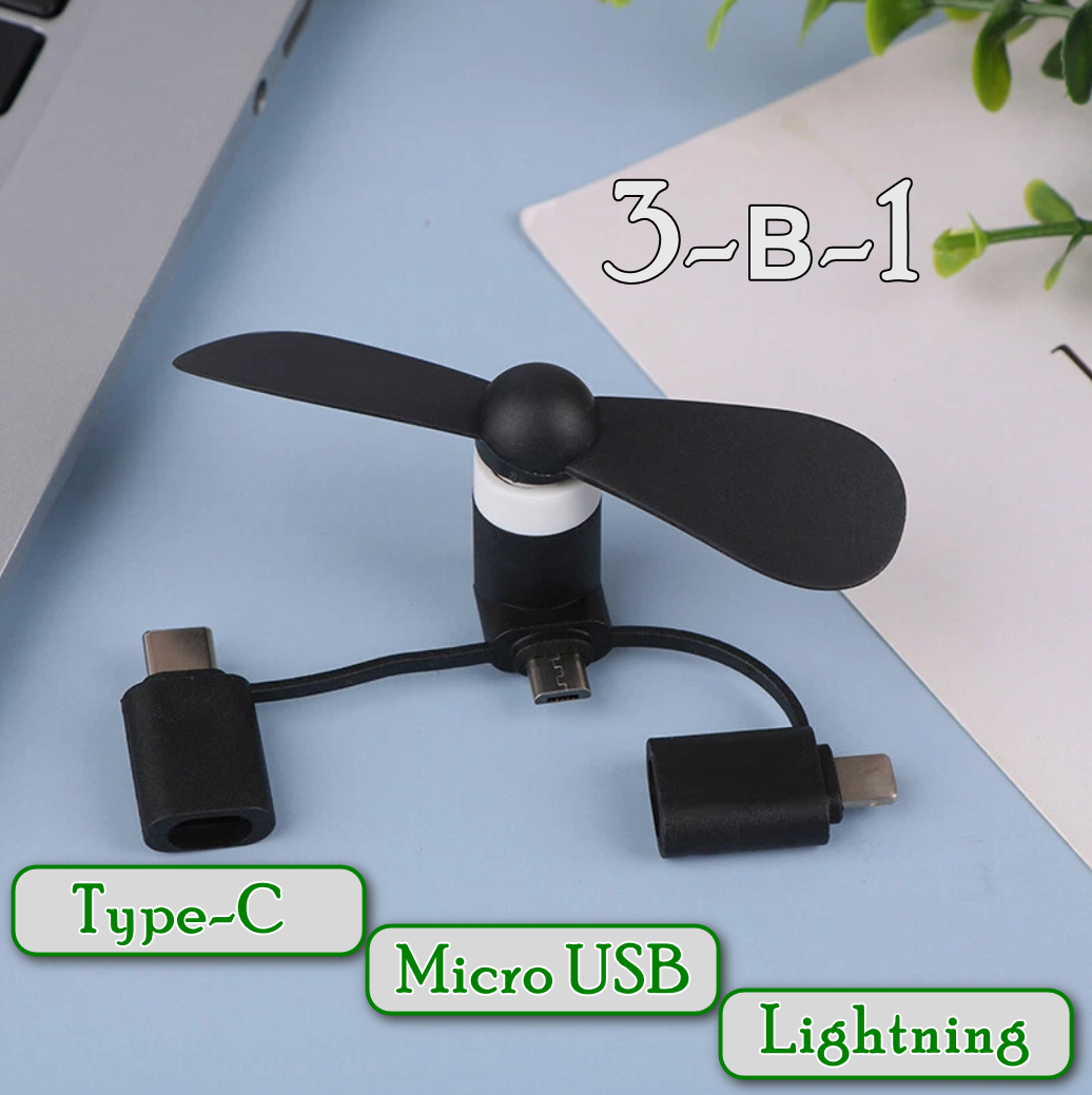 Міні вентилятор 3в1 Portable Mini Fan Type C \ Lightning \ Micro USB Black, фото 1