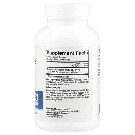 Серрапептаза, протеолітичний фермент Lake Avenue Nutrition Serrapeptase 120,000 SPUs 180 капс., фото 2