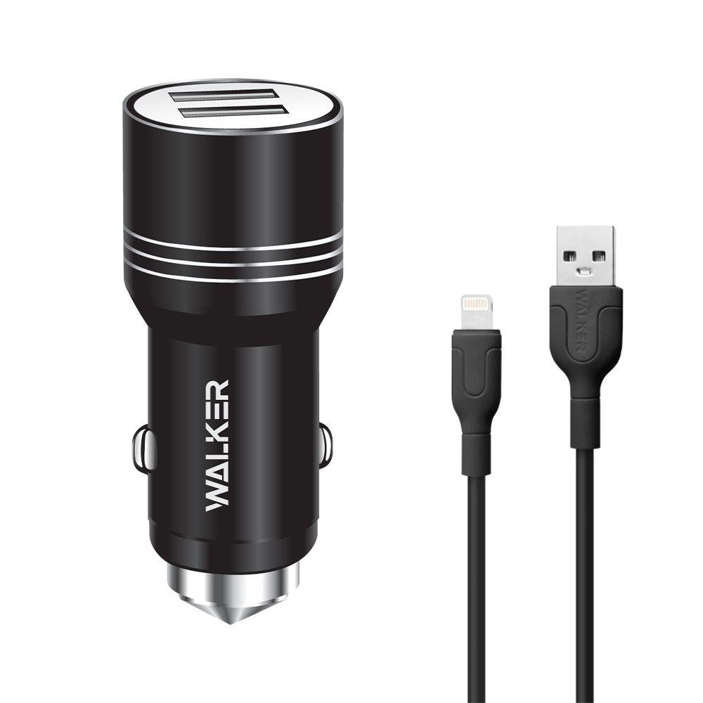 Автомобільний зарядний пристрій (адаптер) Walker 2USB / 1.0А / 2.4A / 12W black + кабель Lightning Apple, фото 1