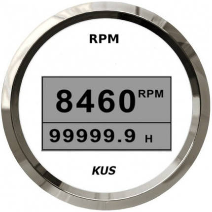 Тахометр з лічильником мотогодин цифровий 8000RPM судновий для човна і катера білий/нержавіюча сталь KUS, фото 1