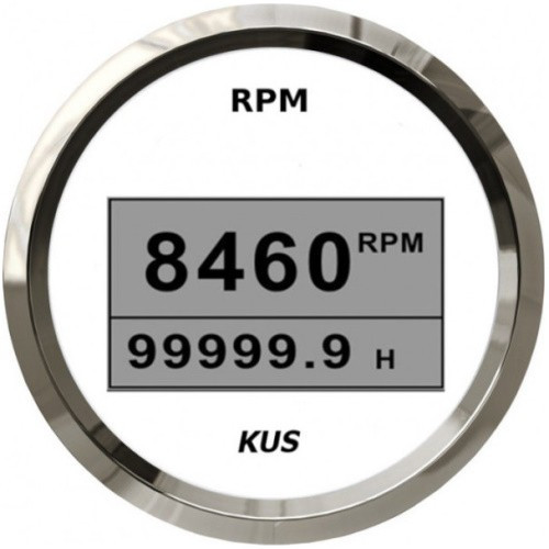 Тахометр з лічильником мотогодин цифровий судновий для човна і катера 8000RPM білий/нержавіюча сталь KUS