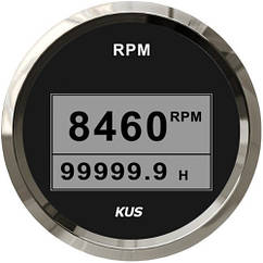Тахометр з лічильником мотогодин цифровий судновий для човна і катера 8000RPM чорний/нержавіюча сталь KUS