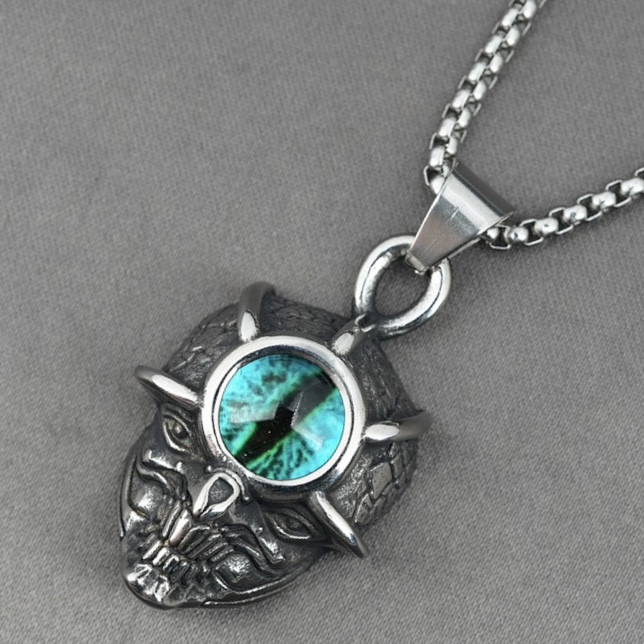 Ланцюг із кулоном синього очей сріблястого кольору Stainless Steel розмір 40х23 мм розмір ланцюга 70 см 3 мм