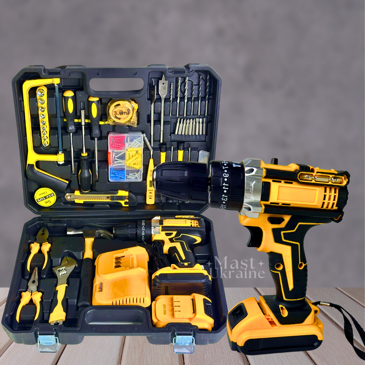 Шуруповерт з 2 акумуляторами 24V 5A/h Li-Ion, ударний шурупокрут з набором інструментів у кейсі JMX-6939-Yellow, фото 1