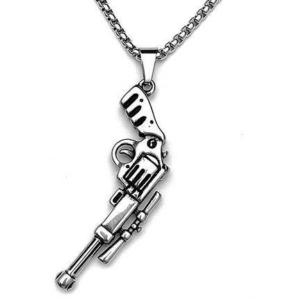 Ланцюг із кулоном револьвера сріблястого кольору Stainless Steel розмір 60х30 мм розмір ланцюга 70 см 3 мм, фото 1