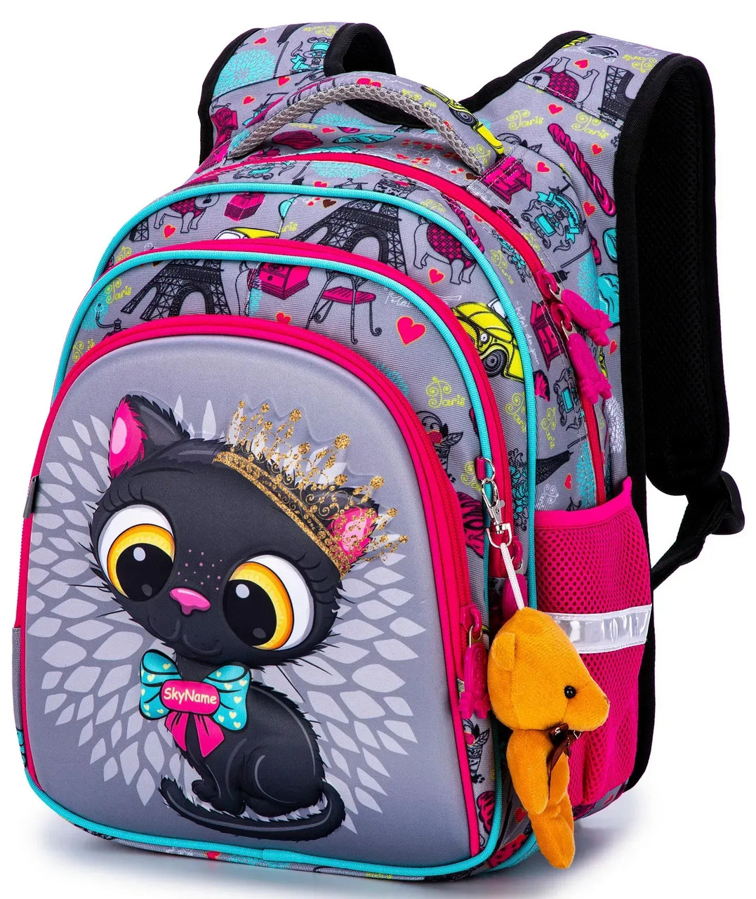 Шкільний рюкзак для дівчинки 1-4 класу 6-10 років SkyName, сірий з яскравим принтом, картинка чорне кошеня, фото 1