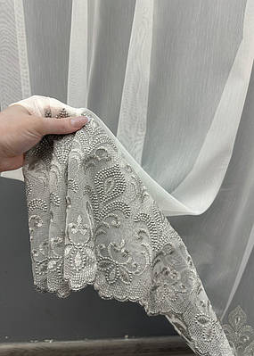 Залишок (2,2х3м) з рулону, тюль бамбук з вишивкою і люрексом. Колір молочний з сірим. Код 1660ту 00-768