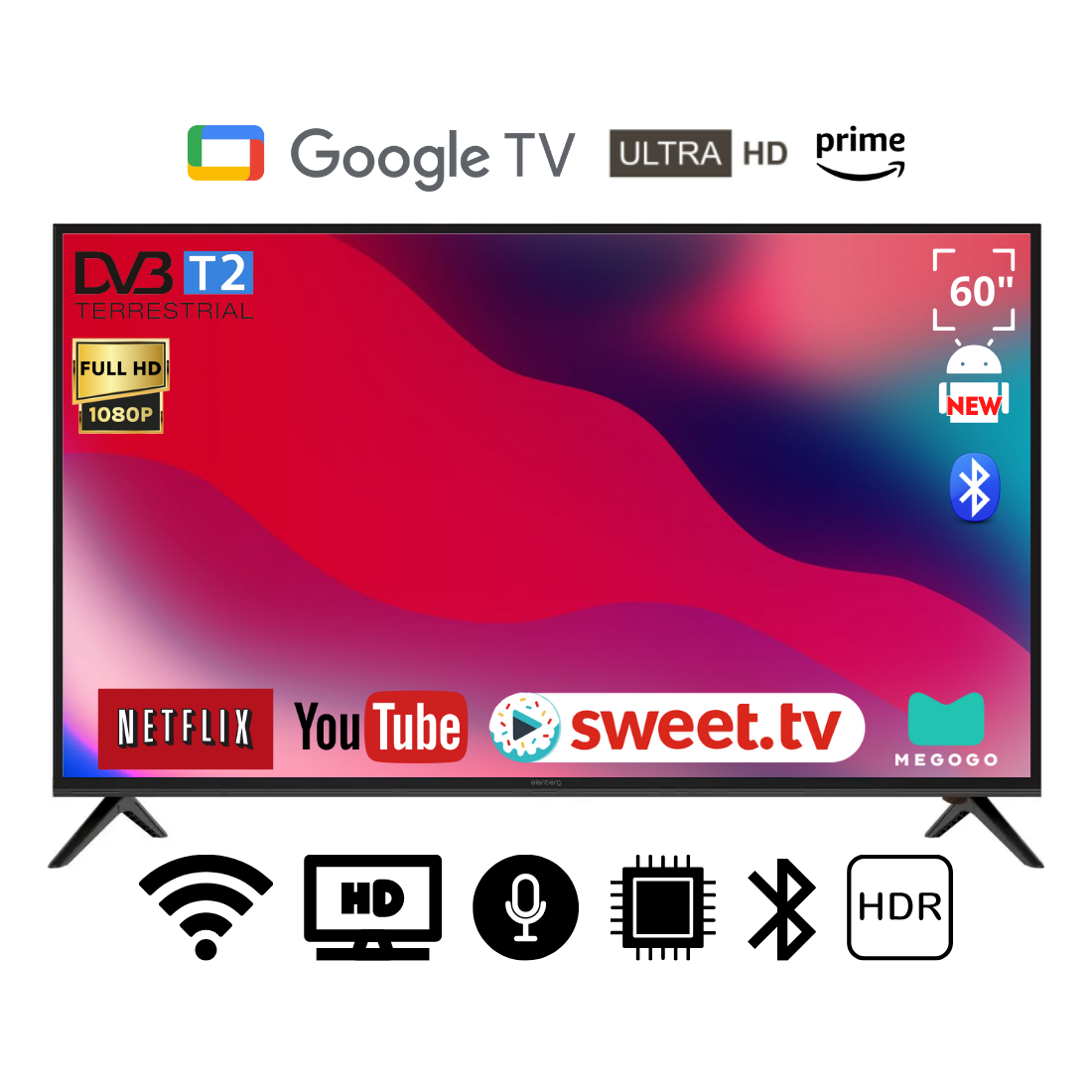Телевізор Elenberg 60" I Android 15.0/Smart TV/DVB/T2/FullHD/USB/ (1980x1080) блютуз пульт