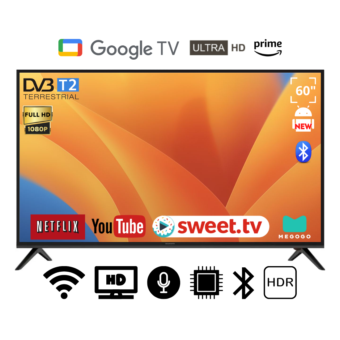 Телевізор Skyworth 60" I Андроїд 15.0/Smart TV/DVB/T2/FullHD/USB/ (1980x1080) блютуз пульт