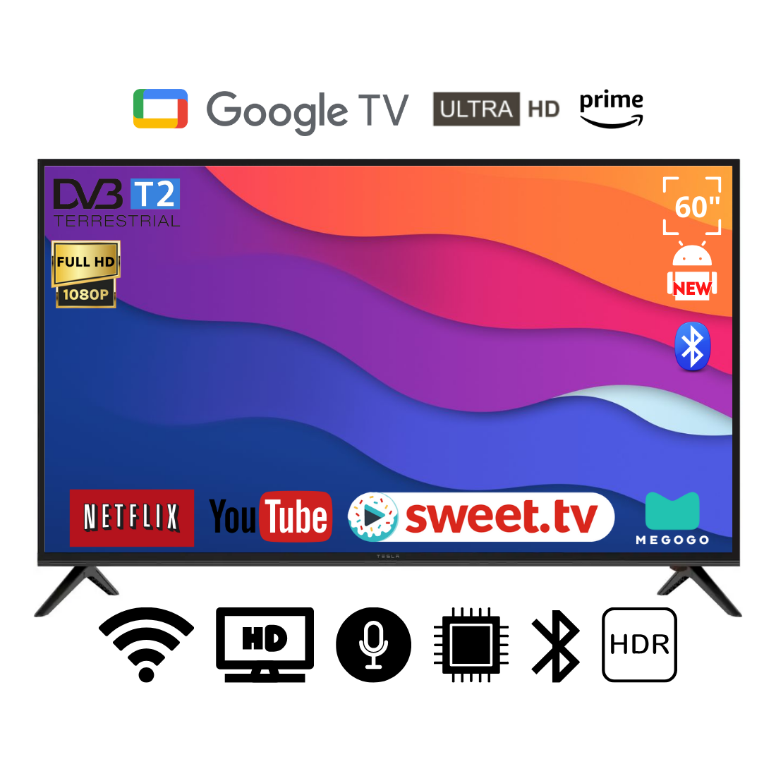 Телевізор TESLA 60" Smart DVB/T2/FullHD/USB Android 15.0 блютуз пульт