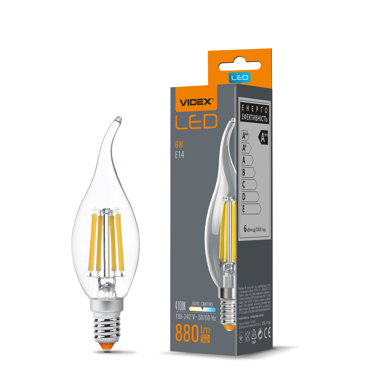 LED лампа Videx Filament C37Ft 6W E14 4100K VL-C37Ft-06144 25796