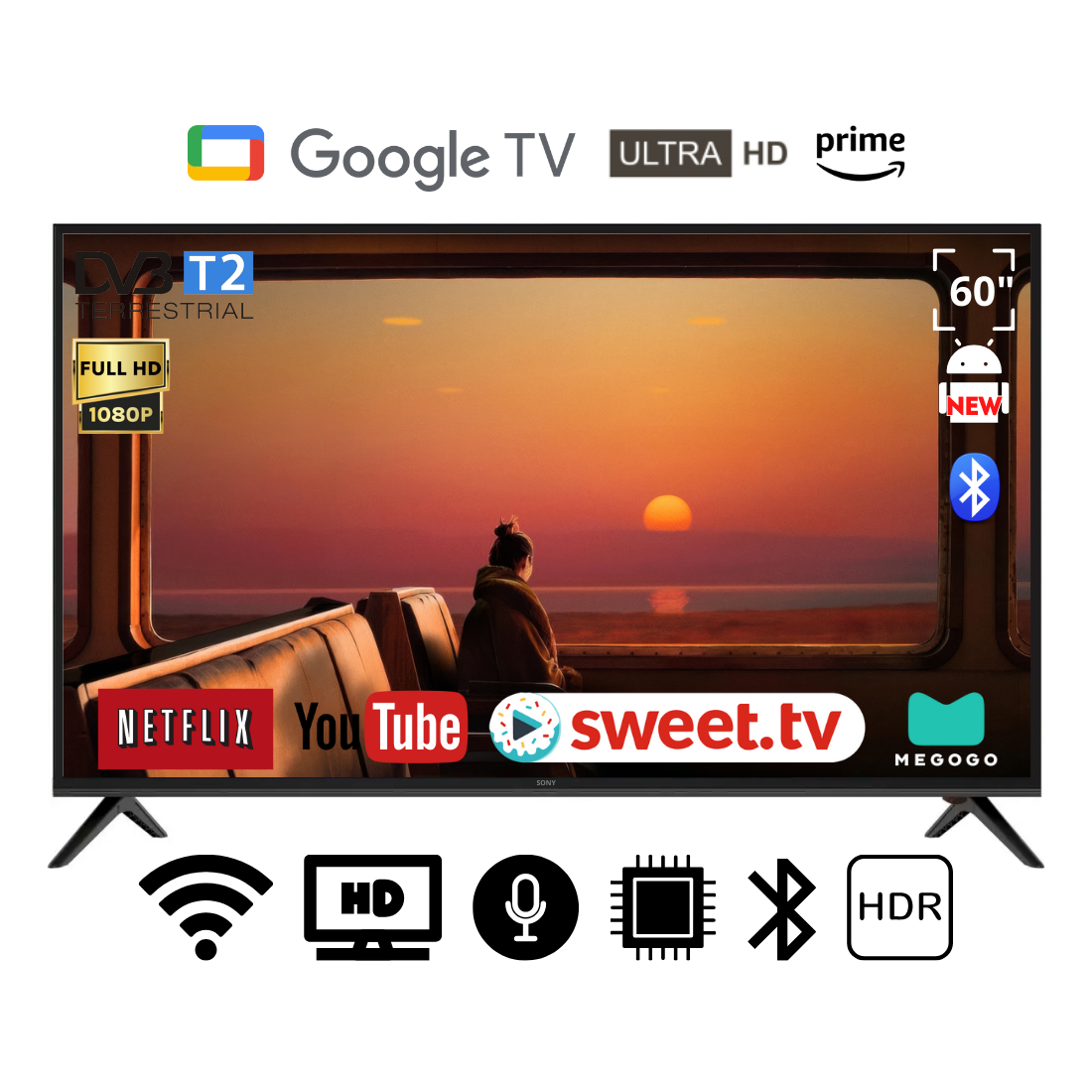 Великий 4к телевізор Sony 60"SmartTV (Android 15.0//WiFi/DVB-T2)