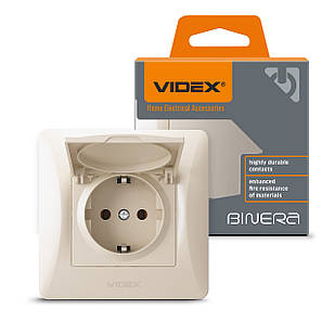 Розетка одинарна із заземленням та кришкою кремова Videx Binera VF-BNSK1GС-CR 24695