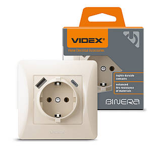 Розетка одинарна із заземленням з USB+USB-C кремова Videx Binera VF-BNSK1GUC-CR 27863