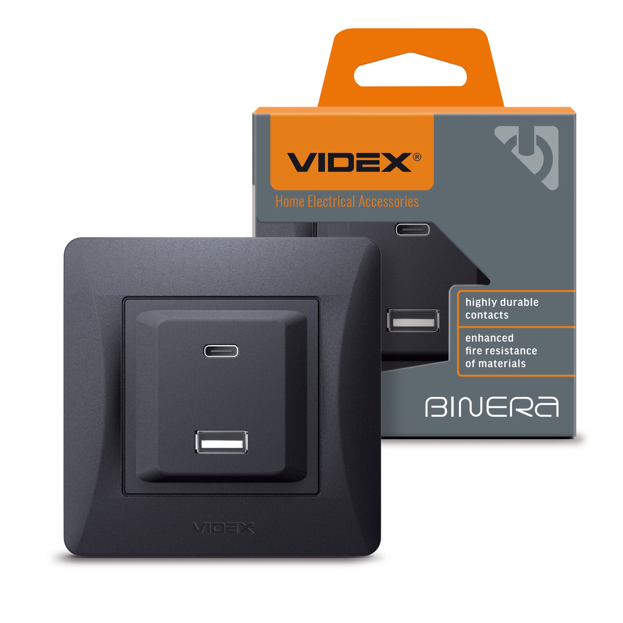 Розетка USB-A + USB-C PD20W чорний графіт Videx Binera