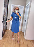 Трендова літня сукня жіноча з коротким рукавом синя сукня на літо з поясом легка сукня міді, фото 3