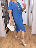 Трендова літня сукня жіноча з коротким рукавом синя сукня на літо з поясом легка сукня міді, фото 4