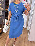 Трендова літня сукня жіноча з коротким рукавом синя сукня на літо з поясом легка сукня міді, фото 5