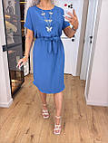 Трендова літня сукня жіноча з коротким рукавом синя сукня на літо з поясом легка сукня міді, фото 7