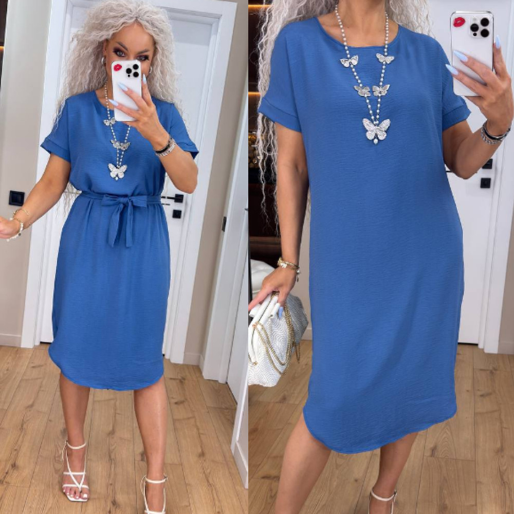 Трендова літня сукня жіноча з коротким рукавом синя сукня на літо з поясом легка сукня міді, фото 1