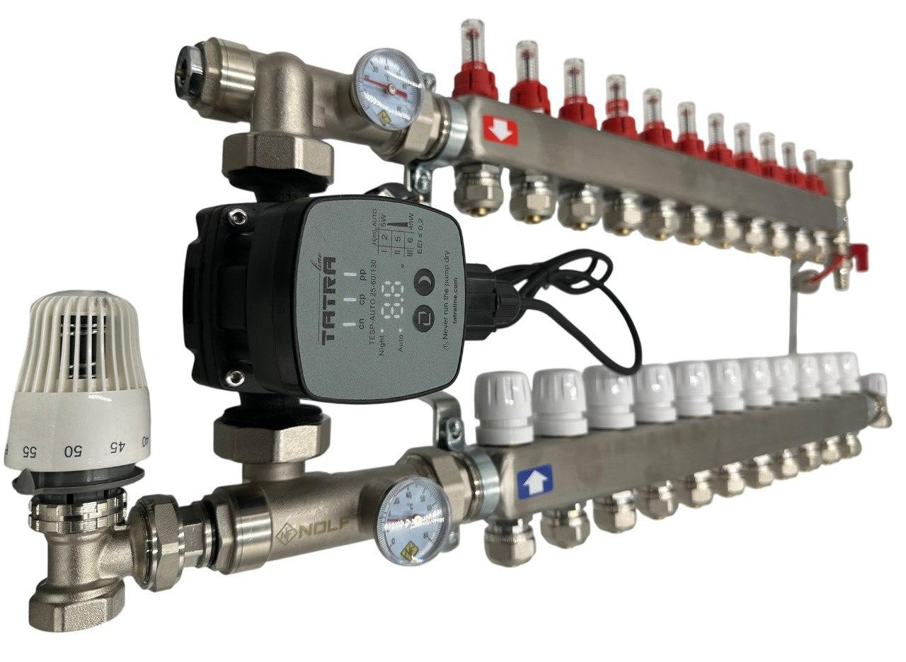Колектор для теплої підлоги Nolf на 11 контурів (Нержавіюча сталь) в зборі з частотним насосом (бічне підключення) Німеччина