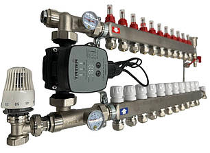 Колектор для теплої підлоги Nolf на 11 контурів (Нержавіюча сталь) в зборі з частотним насосом (бічне підключення) Німеччина, фото 1