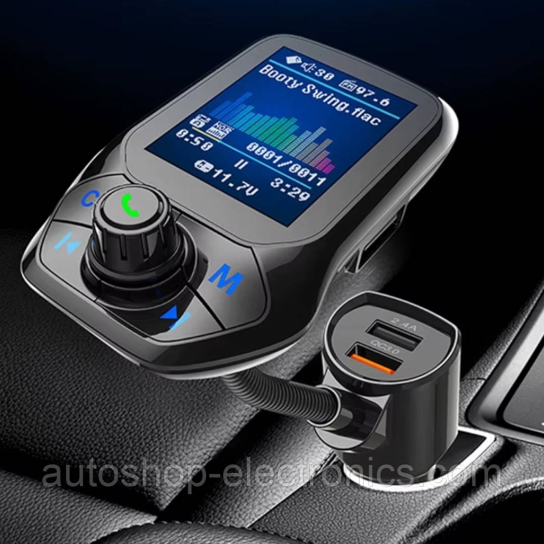 Стерео ФМ модулятор (Bluetooth 5.0 / QC3.0 / TFT 1.8" / AUX out / USB / microSD / Вольтметр / Меню)